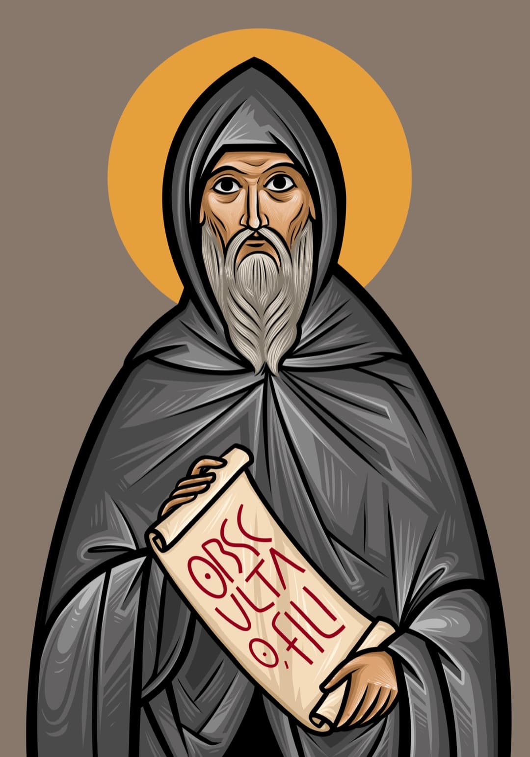 Arte de São Bento na abertura do aplicativo: o santo Patriarca segura o rolo da Regra aberto nas palavras Obsculta, o fili