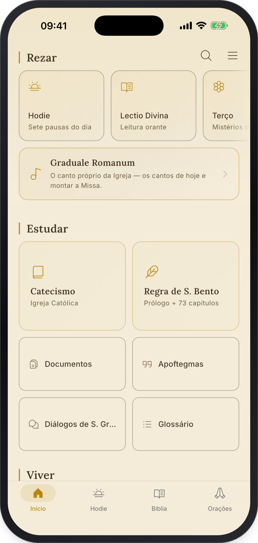 Tela inicial do aplicativo Ora et Labora, com as seções Rezar e Estudar e o Graduale Romanum em destaque