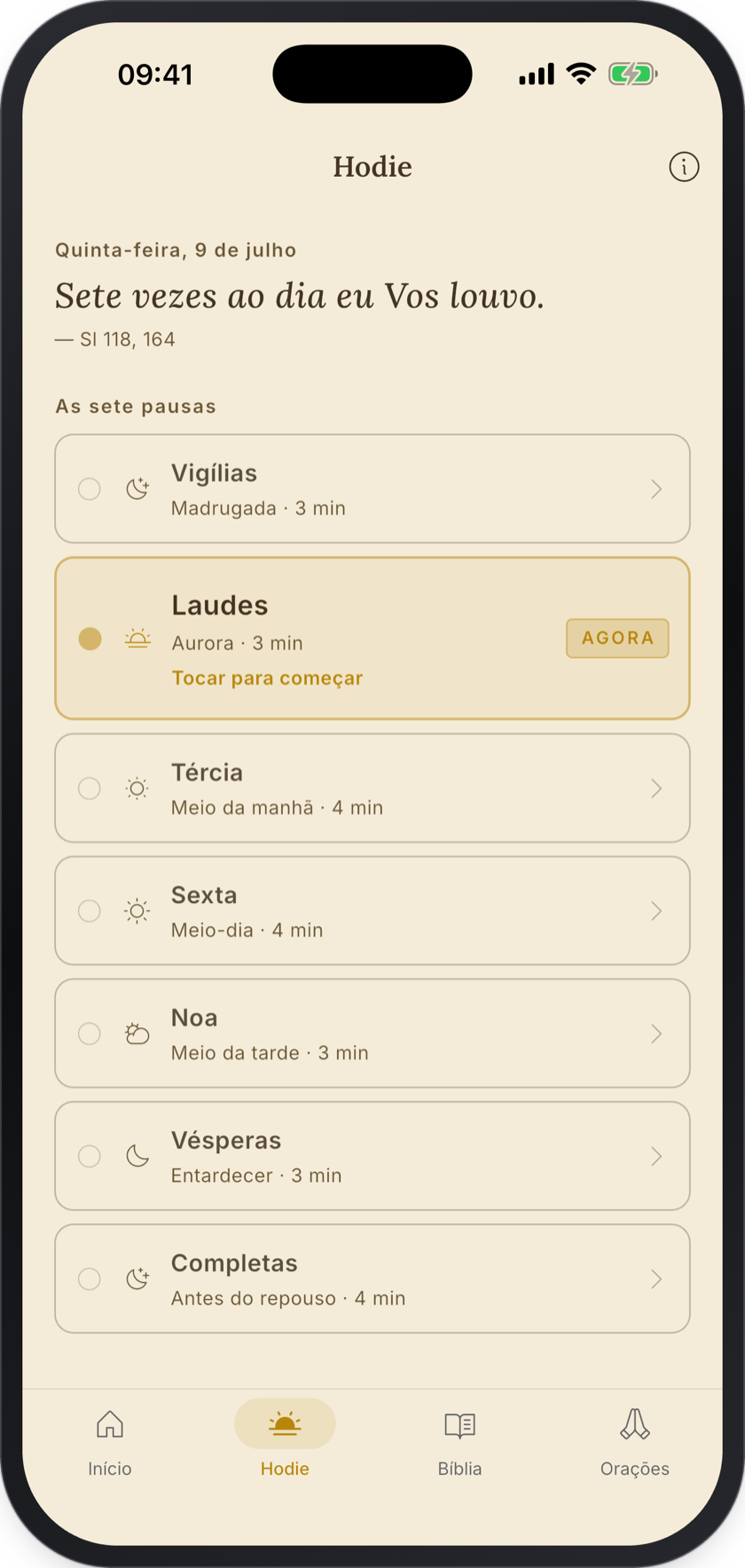 Hodie no aplicativo: as sete pausas de oração do dia, de Vigílias a Completas, com Laudes indicada como a hora de agora