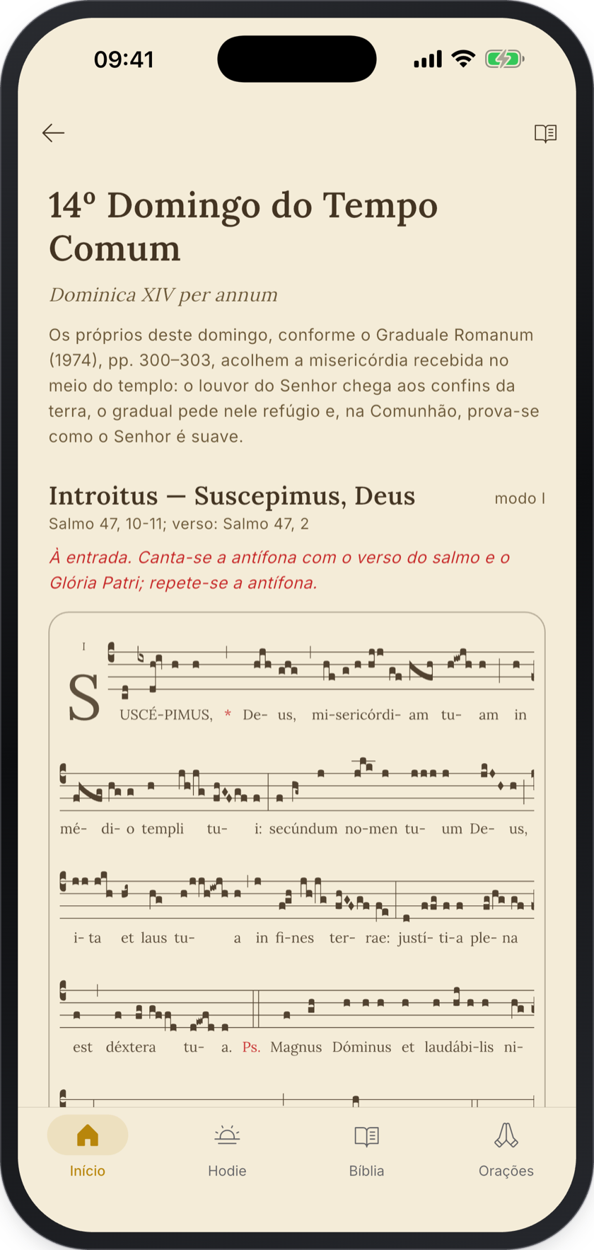 Graduale Romanum no aplicativo: partitura gregoriana do Introito Suscepimus Deus, do 14º Domingo do Tempo Comum