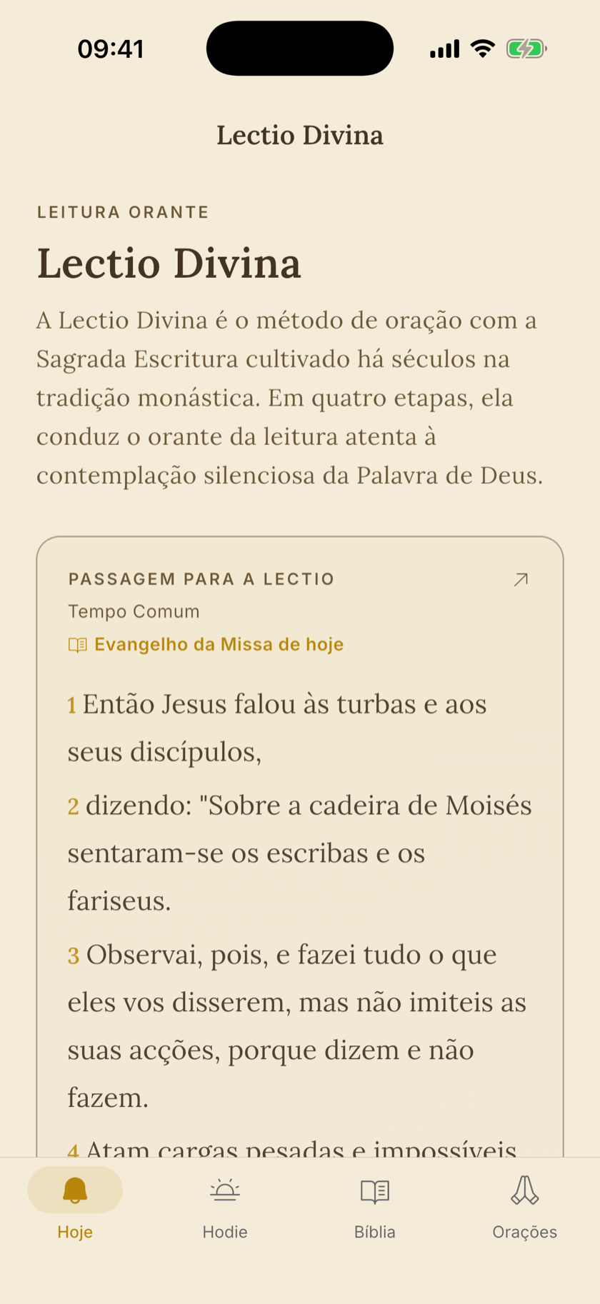 Lectio Divina no aplicativo: a passagem do dia com o Evangelho da Missa de hoje, pronta para a leitura orante