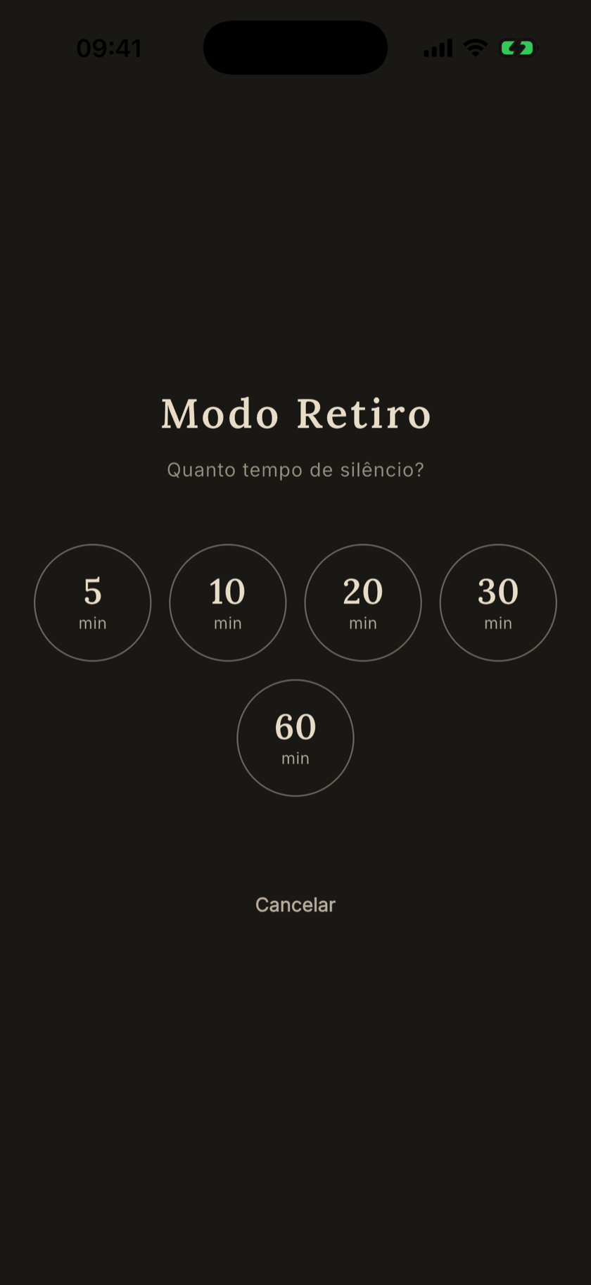 Modo Retiro no aplicativo: a escolha do tempo de silêncio, de 5 a 60 minutos, em tela escura