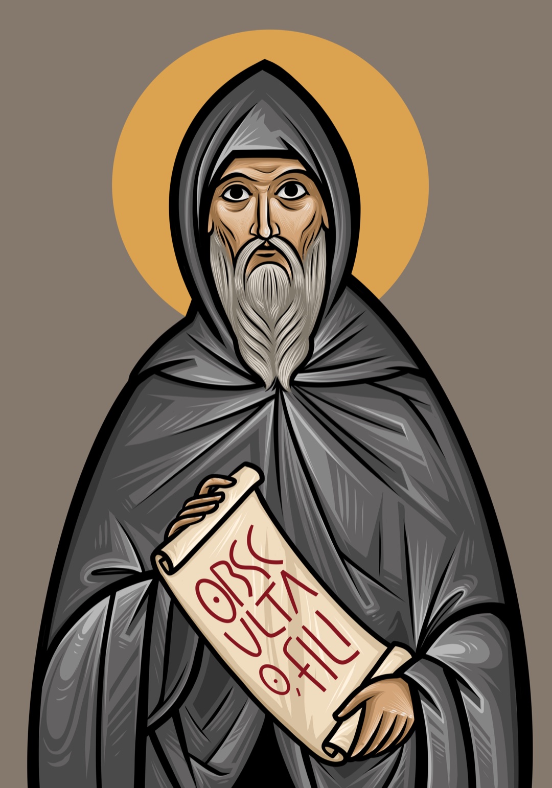 Arte de São Bento na abertura do aplicativo: o santo Patriarca segura o rolo da Regra aberto nas palavras Obsculta, o fili